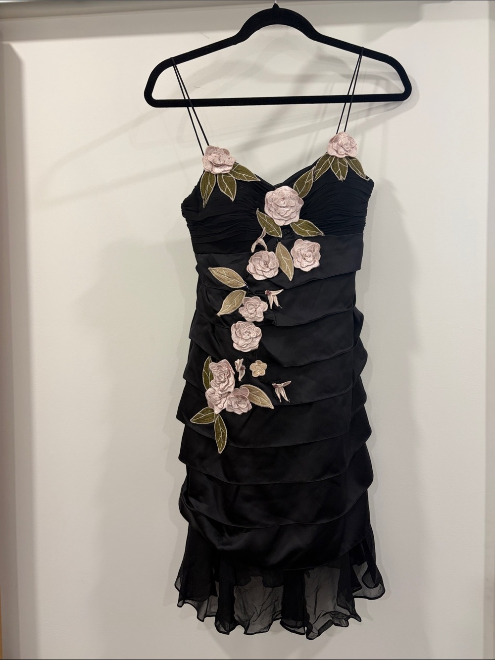 Sue Wong Couture Black NocturneDress with Pale Pink Floral Appliqués